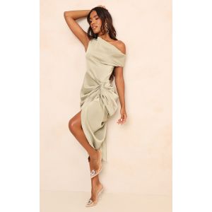 Femme Robe mi-longue satinée vert sauge à épaules dénudées et jupe drapée | Taille 38 - Taille 38