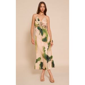 Robe longue satinée verte fleurie nouée devant, Vert - Taille 44