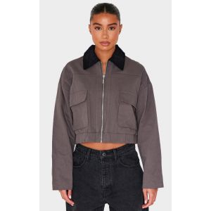 Femme Veste en maille serg&eacute;e gris fonc&eacute; &agrave; col contrastant | Taille XL - Taille XL