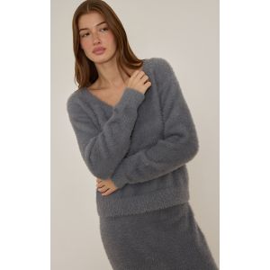 Femme Pull oversize en maille tricot duveteuse grise &agrave; col en V | Taille Large - Taille L