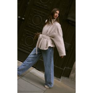 Femme Manteau beige en faux effet laine bross&eacute; &agrave; nouer &agrave; la taille | Taille Large - Taille L