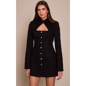Femme Mini robe tiss&eacute;e bross&eacute;e noire &agrave; manches longues et boutons | Taille 38 - Taille 38
