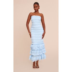 Robe longue en dentelle texturée bleu clair à étages volantés, Bleu Clair - Taille 38
