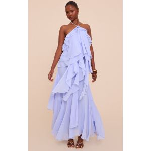 Robe longue fluide en mousseline de soie bleu clair à dos nu et volants, Bleu Clair - Taille 40
