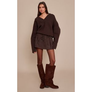 Femme Jupe-short bross&eacute;e chocolat fonc&eacute; &agrave; fines rayures | Taille 40 - Taille 40