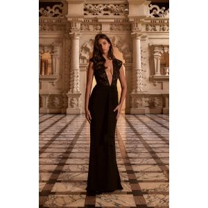 Femme PLT Label Robe longue moulante en dentelle noire fronc&eacute;e &agrave; &eacute;paules exg&eacute;r&eacute;es et d&eacute;collet&eacute; | Taille 32 - Taille 32