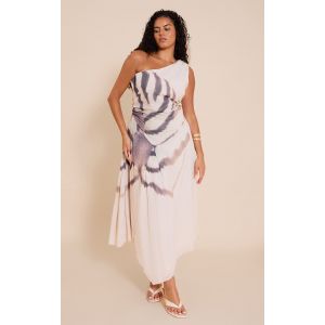 Plus Robe longue en mousseline de soie imprimé amande à épaule unique, Amande - Taille 50