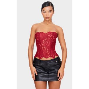 Corset en dentelle texturée bordeaux transparente fleurie, Bordeaux - Taille 44