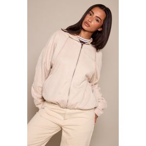 Femme Petite Veste bomber en su&eacute;dine gris pierre &agrave; capuche et zip | Taille Small - Taille S
