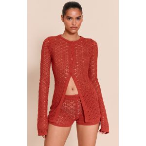 Femme Cardigan en maille style crochet rouille &agrave; manches longues | Taille Small - Taille S