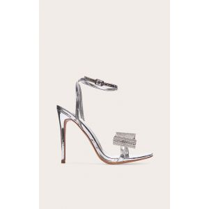 Sandales rondes en PU argenté à noeud strassé et talon, Argenté - Taille 41