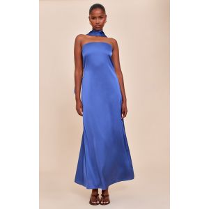 Robe bustier longue satinée bleu marine à foulard, Bleu Marine - Taille 34