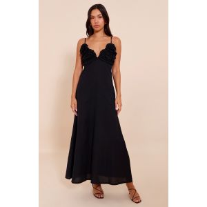 Robe longue noire à fleurs avec buste, Noir - Taille 38