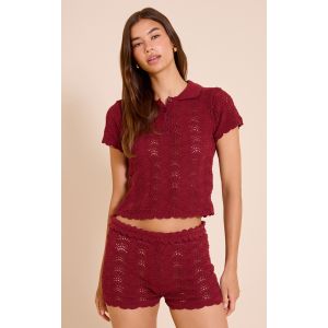 Femme Mini short en maille style crochet bordeaux &agrave; d&eacute;tails sur la taille | Taille Large - Taille L
