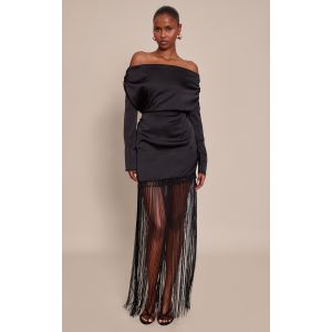 Femme Robe longue satin&eacute;e noire &agrave; perles et ourlet frang&eacute; | Taille 32 - Taille 32