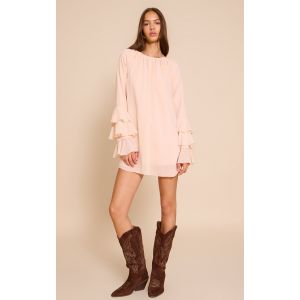 Robe droite en mousseline de soie rose pâle à manches volantées, Rose Pâle - Taille 36