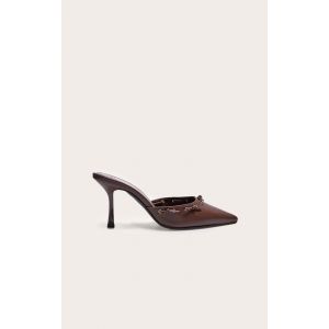 Mules style escarpins pointues en PU chocolat à talon aiguille moyen et noeuds, Chocolat - Taille 40