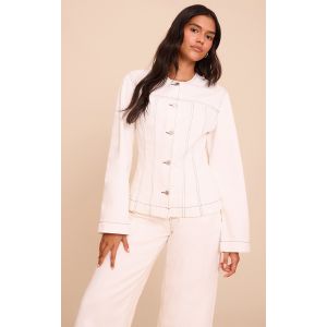 Veste cintrée en jean blanc à coutures structurantes et manches longues, Blanc - Taille 40