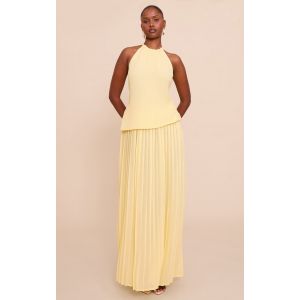 Femme Robe longue jaune citron &agrave; partie superpos&eacute;e et jupe pliss&eacute;e | Taille 38 - Taille 38