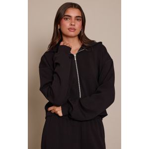 Femme Hoodie court tiss&eacute; noir &agrave; zip | Taille Small - Taille S