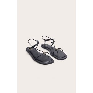 Sandales style tongs plates carrées en PU noir à empiècement doré, Noir - Taille 40