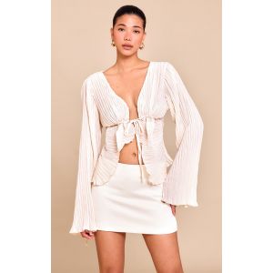 Blouse crème transparente plissée nouée devant, Crème - Taille 38