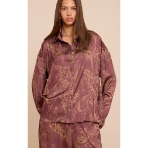 Chemise satinée marron imprimé cachemire, Marron - Taille 38