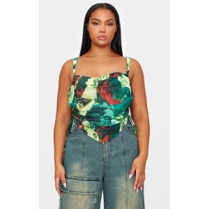 Plus Top corset en mesh superposé vert imprimé abstrait, Vert - Taille 54