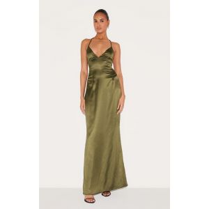 Femme Robe longue satin&eacute;e vert olive &agrave; nouer dans le dos | Taille 36 - Taille 36