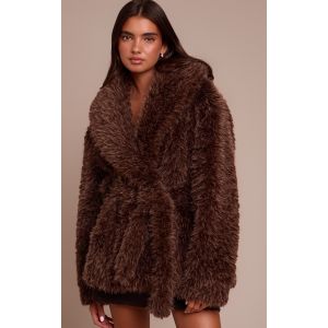 Femme Manteau en fausse fourrure marron &agrave; col oversize | Taille Large - Taille L