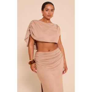 Shape Top en suédine gris pierre à col bénitier drapé, Gris Pierre - Taille 40
