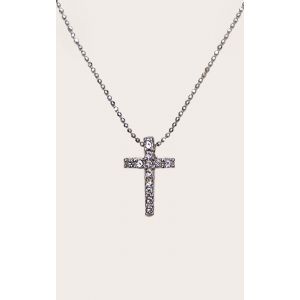 Femme Collier en m&eacute;tal argent&eacute; &agrave; petite croix strass&eacute;e - Taille One Size