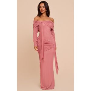 Femme Petite Robe longue asym&eacute;trique rose fonc&eacute; &agrave; col bardot et manches longues | Taille 32 - Taille 32