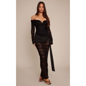 Femme Robe longue en dentelle noire &agrave; manches longues et partie drap&eacute;e | Taille 36 - Taille 36