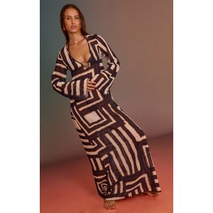 Robe de plage en mousseline de soie marron imprimé géométrique à anneau, Marron - Taille L