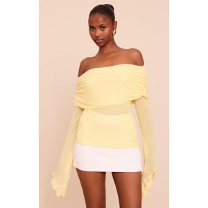 Top en mesh jaune citron à détail replié et manches évasées, Jaune Citron - Taille 36