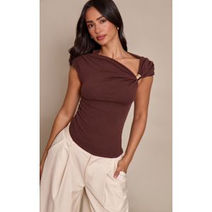 Femme Petite Top asymétrique en maille tricot chocolat à empiècement | Taille Medium - Taille M