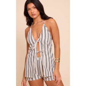 Femme Combishort tiss&eacute; blanc nou&eacute; devant &agrave; rayures et d&eacute;collet&eacute; | Taille 44 - Taille 44