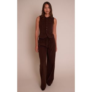 Femme Pantalon de tailleur large en velours c&ocirc;tel&eacute; marron fonc&eacute; &agrave; d&eacute;tail nou&eacute; | Taille 32 - Taille 32
