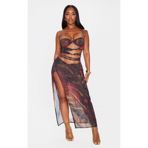 Femme Shape Robe longue bustier en mousseline de soie noire imprimé tigre à découpes et fendue | Taille 48 - Taille 48