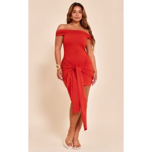 Shape Mini robe en Sculpt rouge profond à col bardot replié et taille nouée drapée, Rouge Profond - Taille 38