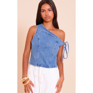 Femme Petite Crop top asymétrique en jean bleu délavé | Taille 30 - Taille 30