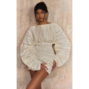 PLT Label Robe moulante satinée ivoire plissée à manches chauve-souris longues, Ivoire - Taille 36