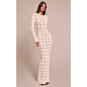 Robe longue en maille tricot crème à dos nu et manches longues, Crème - Taille XS