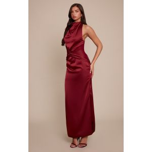 Femme Robe longue satin&eacute;e rouge vin &agrave; d&eacute;tail en mesh | Taille 38 - Taille 38