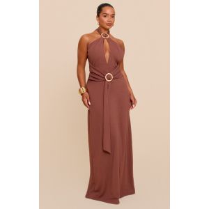 Femme Shape Robe longue marine en satin martel&eacute; chocolat avec anneau col licou | Taille 34 - Taille 34