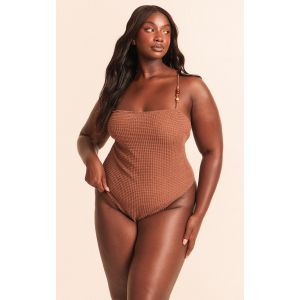 Plus Maillot de bain en maille style crochet café au lait à bretelles asymétriques et empiècements perles, Café au Lait - Taille XXXL