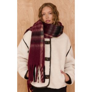 Femme Écharpe bordeaux à carreaux et franges - Taille One Size