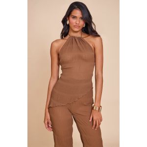 Femme Top long asymétrique tissé texturé marron chocolat transparent à dos nu | Taille 32 - Taille 32