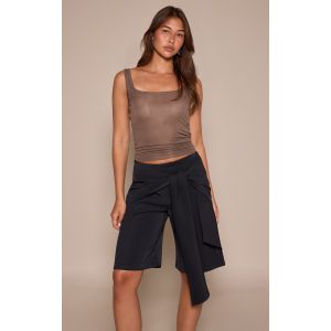 Femme Short long tiss&eacute; bleu marine &agrave; partie superpos&eacute;e nou&eacute;e | Taille 44 - Taille 44